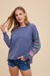 Annie Wear Women's Embroidered Long Sleeve French Terry Top - Elegant & Comfortable